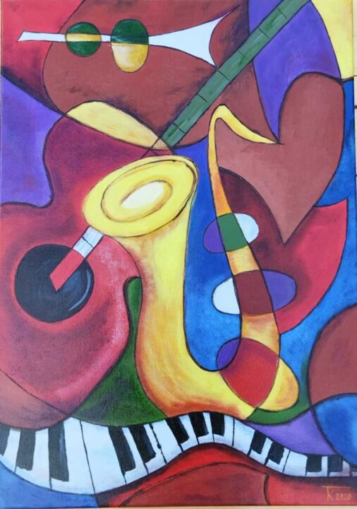 Painting titled "Musical instruments…" by Kateart, Original Artwork, Acrylic Mounted on Wood Stretcher frame