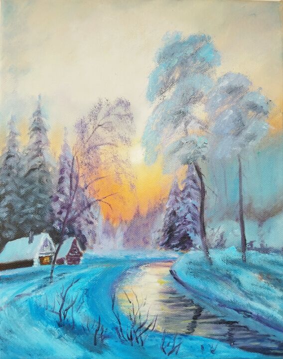 Schilderij getiteld "Winter landscape" door Kateart, Origineel Kunstwerk, Olie Gemonteerd op Frame voor houten brancard