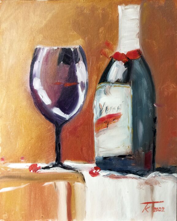 Картина под названием "Still life with wine" - Kateart, Подлинное произведение искусства, Масло Установлен на картон
