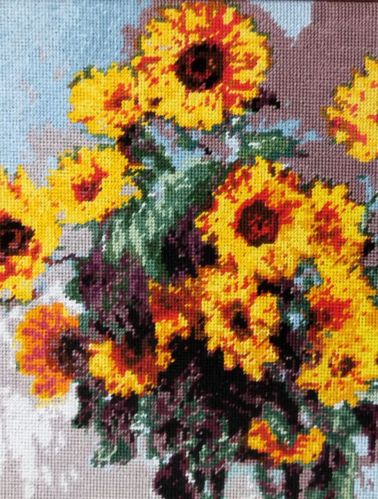 Textielkunst getiteld "Cross Stitch Still…" door Kateart, Origineel Kunstwerk, Borduurwerk Gemonteerd op Houten paneel