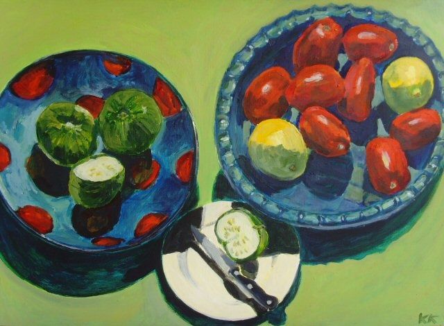 Painting titled "Vegetables on Green…" by Kate Kirby, Original Artwork