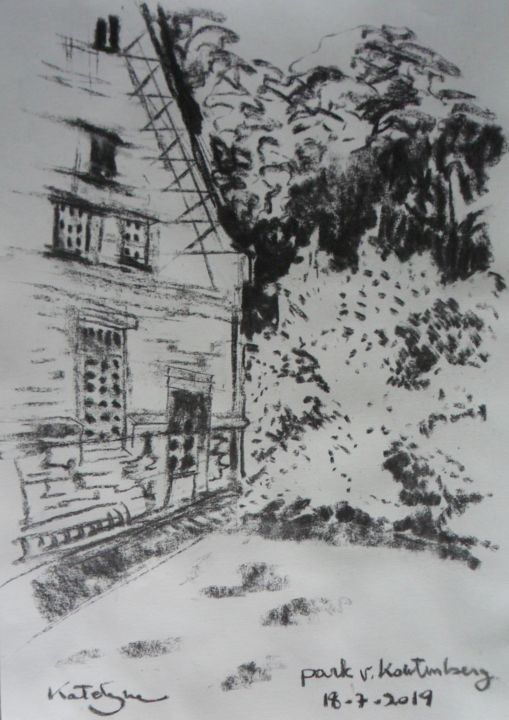 Drawing titled "park van Kortenberg" by Katelijne Hanssen, Original Art, Charcoal