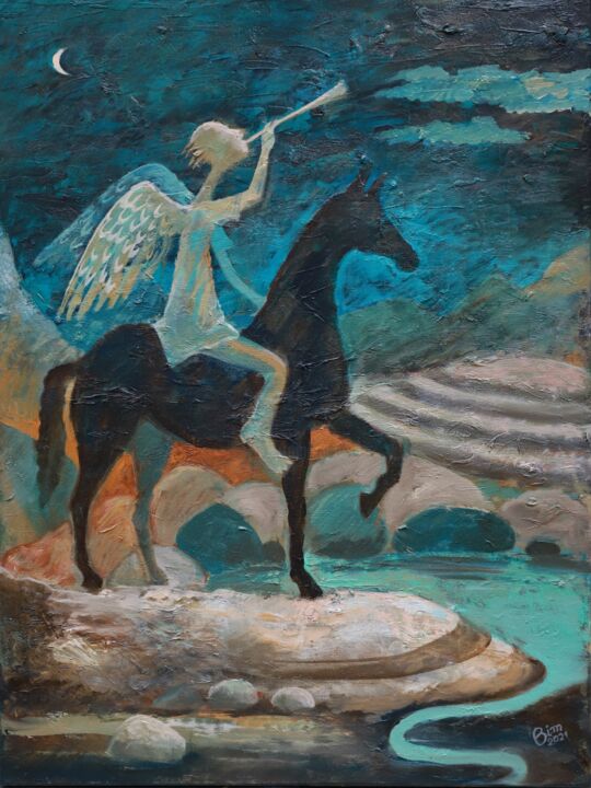 Schilderij getiteld "Angel with a trumpet" door Katerina Bim, Origineel Kunstwerk, Olie