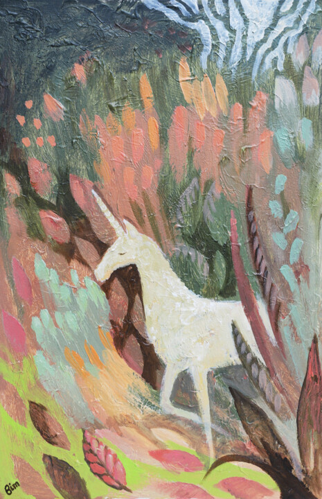 Картина под названием "Unicorn at the morn…" - Katerina Bim, Подлинное произведение искусства, Акрил Установлен на Деревянна…