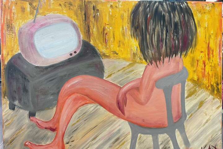 Картина под названием "Watching TV" - Katerina Mityushova (KAT), Подлинное произведение искусства, Масло