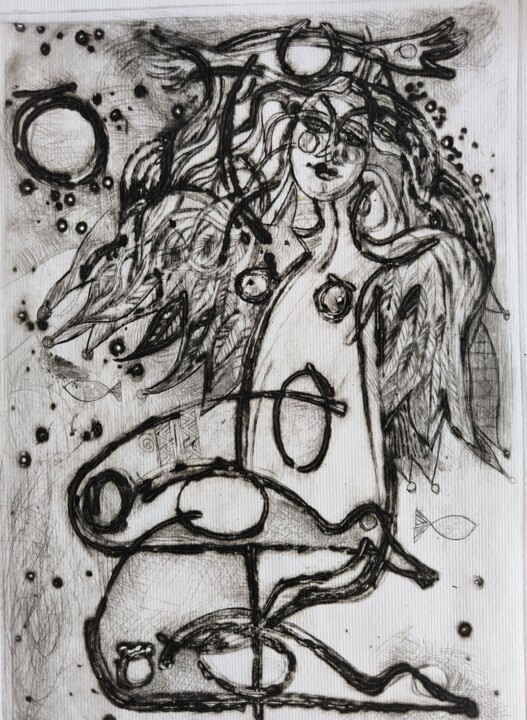 Картина под названием "Girl dancing with t…" - Katerina Sapozhkova, Подлинное произведение искусства, Линогравюры