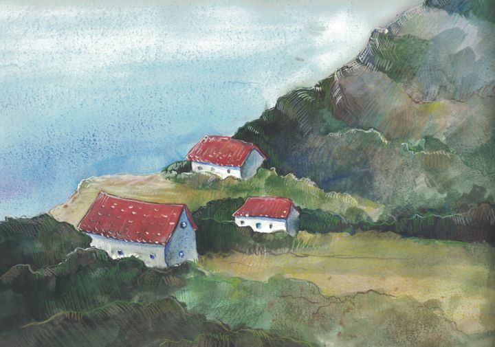 Painting titled "village landscape" by Katerina Sevostyanova, Original Artwork, Watercolor