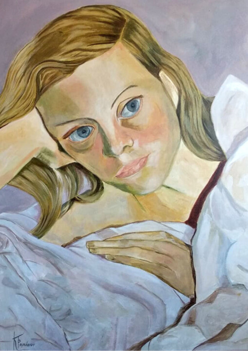Painting titled "Girl on bed" by Katerina Tranakou, Original Artwork, Acrylic