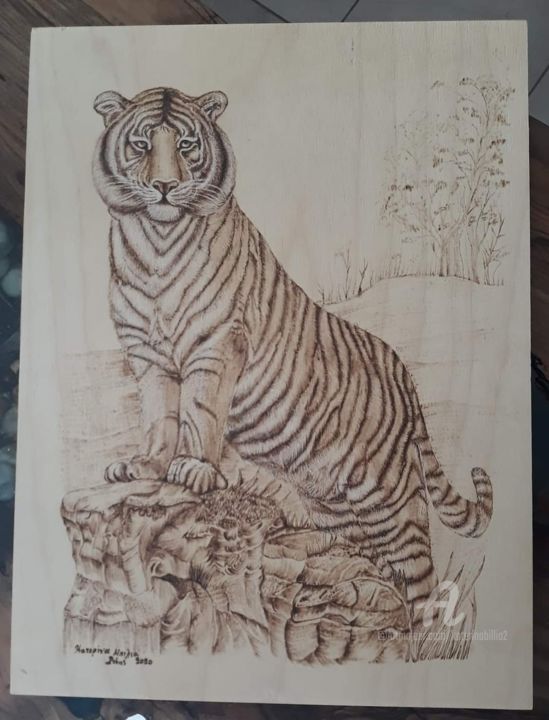 Painting titled "Pyrography tiger" by Katerina Bilia, Original Artwork, Encaustic