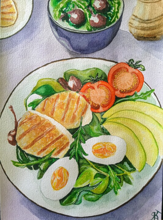 Painting titled "Полезный завтрак" by Kateryna Bakumenko, Original Artwork, Watercolor