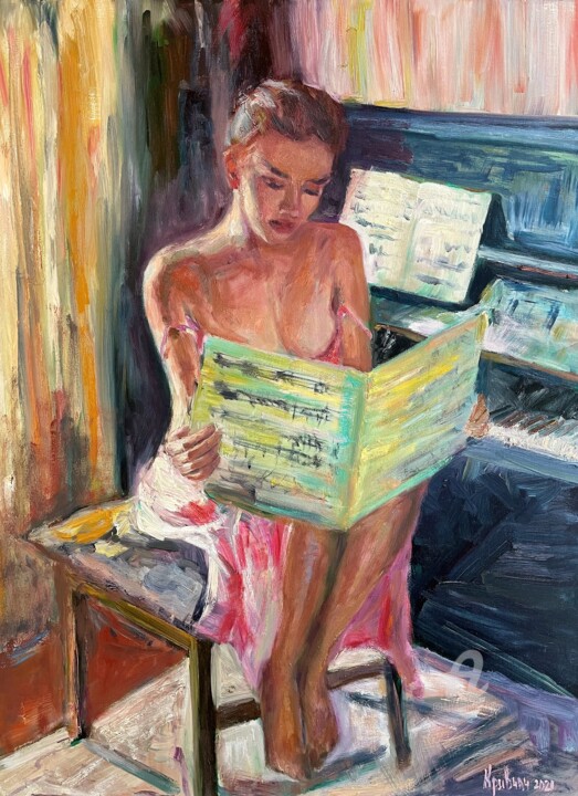 Картина под названием "Girl with notes" - Kateryna Krivchach, Подлинное произведение искусства, Масло