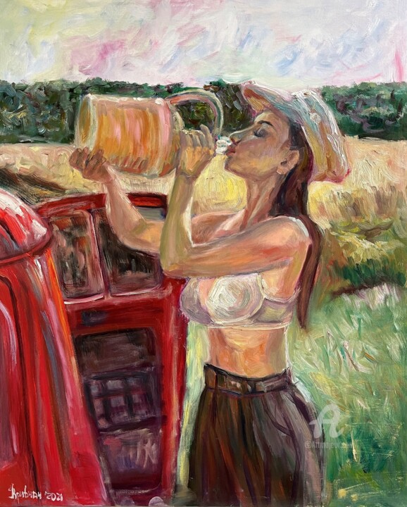 Картина под названием "Girl with wine" - Kateryna Krivchach, Подлинное произведение искусства, Масло
