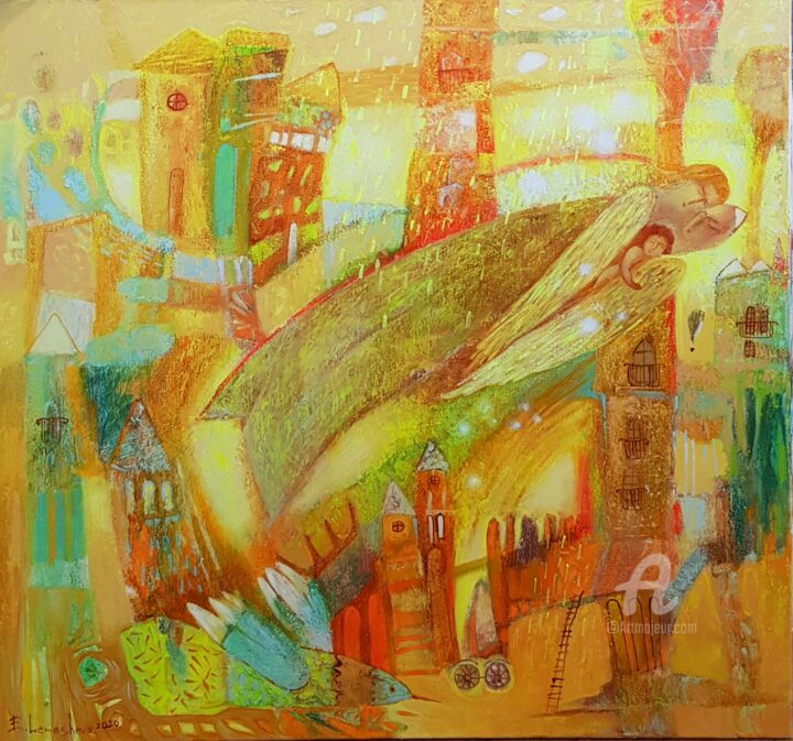 Pittura intitolato "Golden rain blessing" da Kateryna Lemesheva, Opera d'arte originale, Acrilico