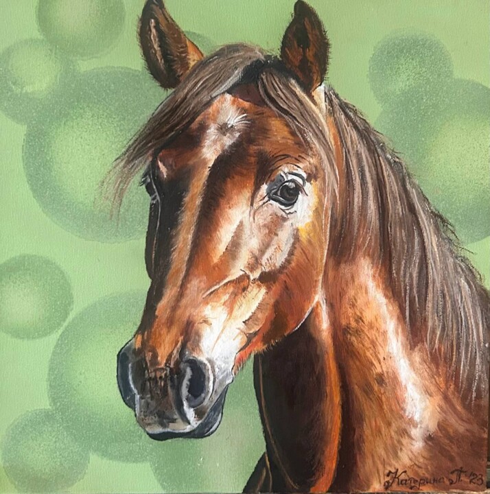 Painting titled "“Bay horse, A2”" by Kateryna Pozigun, Original Artwork, Oil