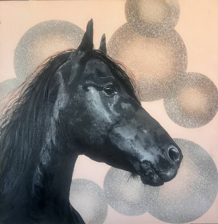 Ζωγραφική με τίτλο "«fresian stallion ,…" από Kateryna Pozigun, Αυθεντικά έργα τέχνης, Λάδι