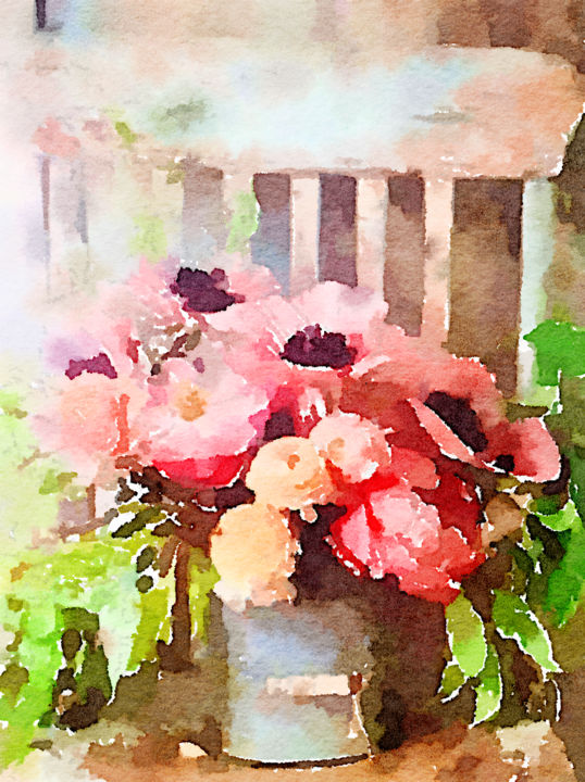Painting titled "Anemones and peonie…" by Kath Sapeha, Original Artwork, Watercolor
