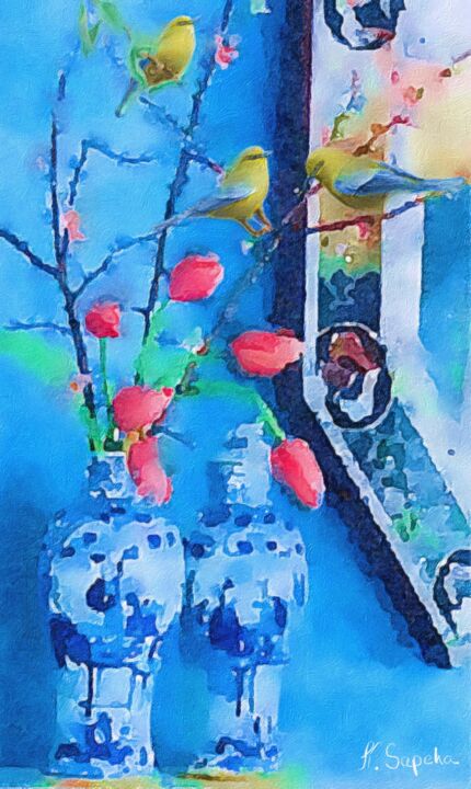 Painting titled "Tulips and cherry b…" by Kath Sapeha, Original Artwork, Oil