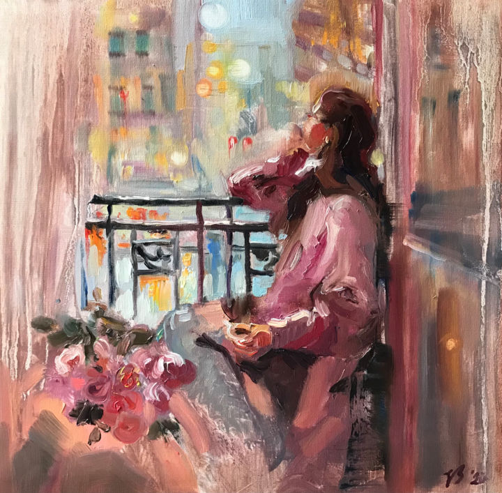 Painting titled "Rosen Abend" by Katharina Valeeva, Original Artwork, Oil Mounted on Cardboard