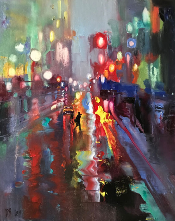 Malerei mit dem Titel "Straße im Regen" von Katharina Valeeva, Original-Kunstwerk, Öl