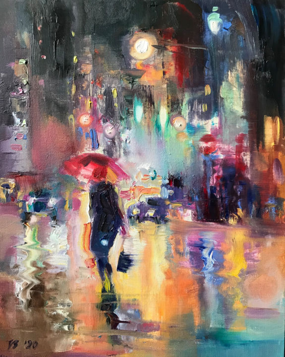 Schilderij getiteld "Regen in der Stadt" door Katharina Valeeva, Origineel Kunstwerk, Olie