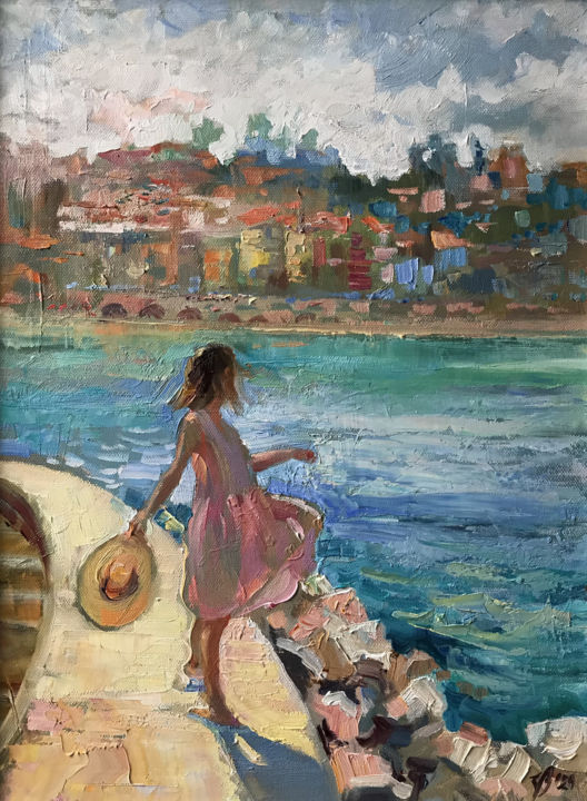 Malerei mit dem Titel "Stadt am Meer" von Katharina Valeeva, Original-Kunstwerk, Öl