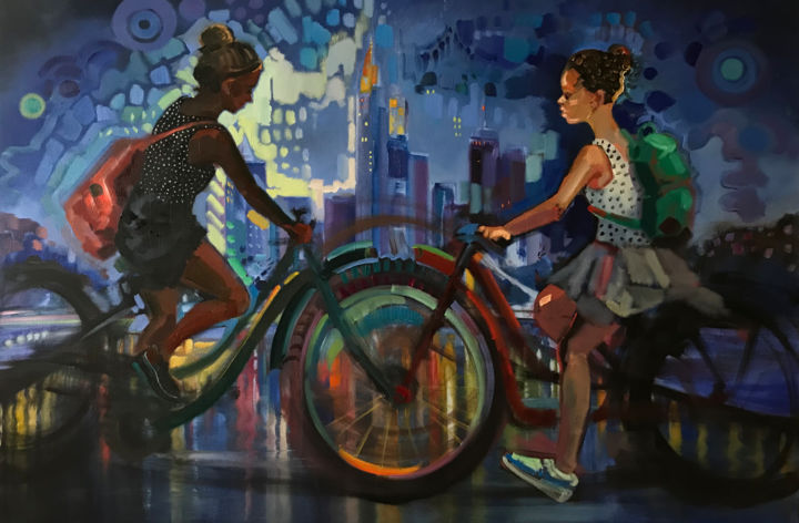 Painting titled "bi-cycles" by Katharina Valeeva, Original Artwork, Oil