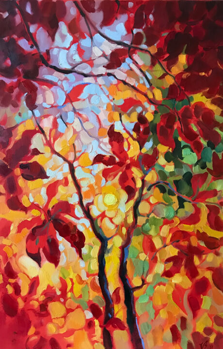 Malerei mit dem Titel "Ein Baum mit rotem…" von Katharina Valeeva, Original-Kunstwerk, Öl