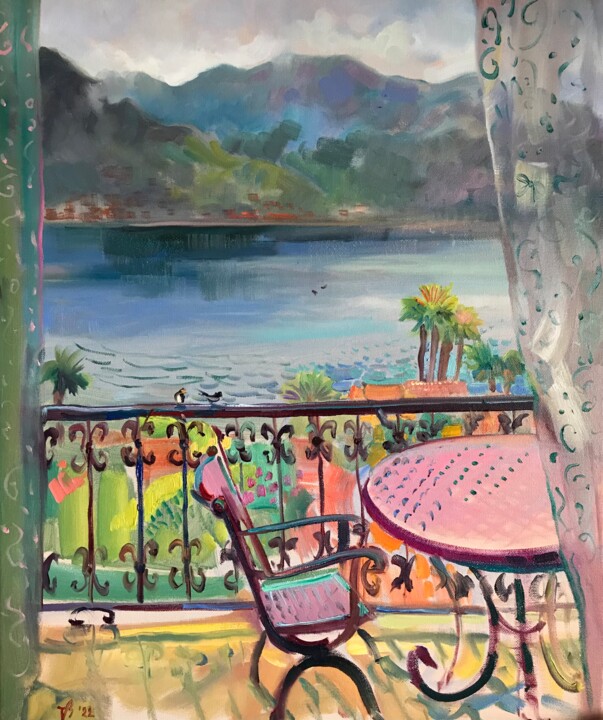 Painting titled "Der Balkon zum See" by Katharina Valeeva, Original Artwork, Oil Mounted on Wood Stretcher frame