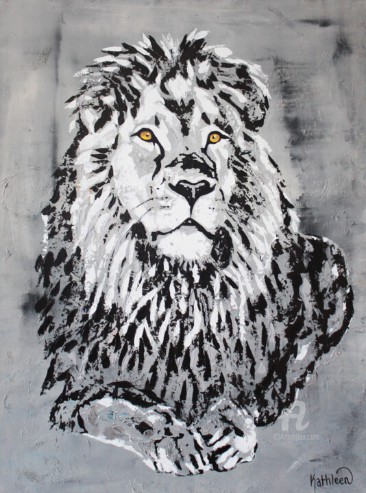 Painting titled "THE KING LION CECIL…" by Kathleen Artist, Original Artwork, Acrylic