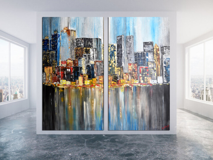 Peinture intitulée "SKYLINE Large Art P…" par Kathleen Artist, Œuvre d'art originale, Acrylique