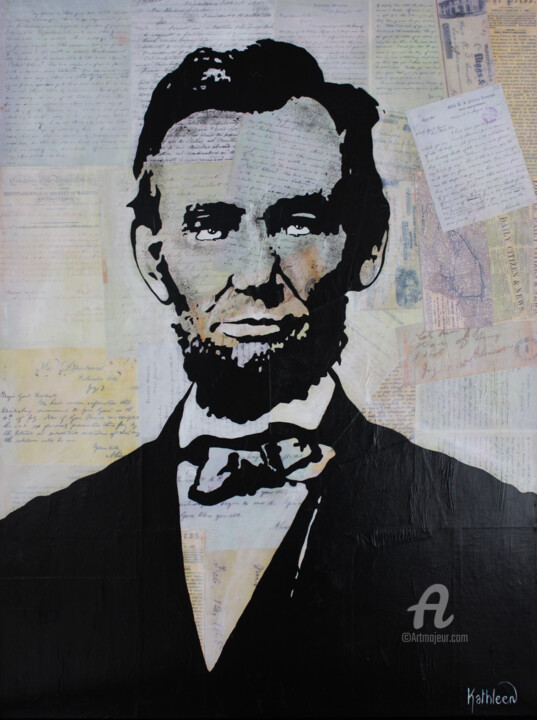 Κολάζ με τίτλο "Abraham LINCOLN, Mi…" από Kathleen Artist, Αυθεντικά έργα τέχνης, Χαρτί Τοποθετήθηκε στο Ξύλινο φορείο σκελε…