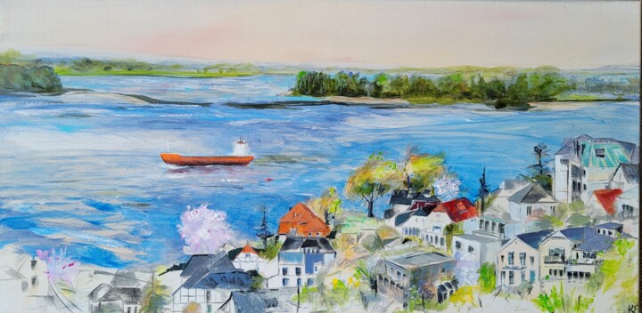 Painting titled "Frühling in Hamburg…" by Kathrin Flöge, Original Artwork, Acrylic Mounted on Wood Stretcher frame