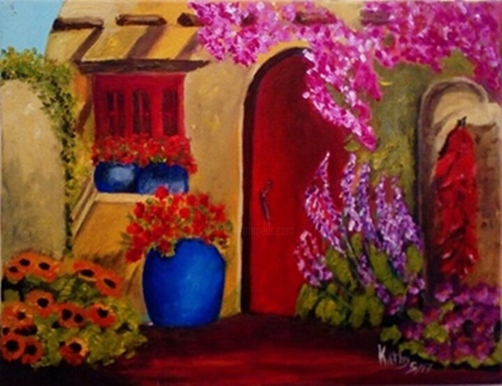 Painting titled "La puerta de tucasa" by Kathy Marín, Original Artwork, Oil