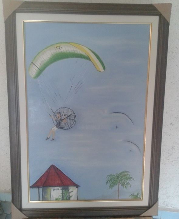 Painting titled "Paramotor Praia" by Katya Favero, Original Artwork, Oil