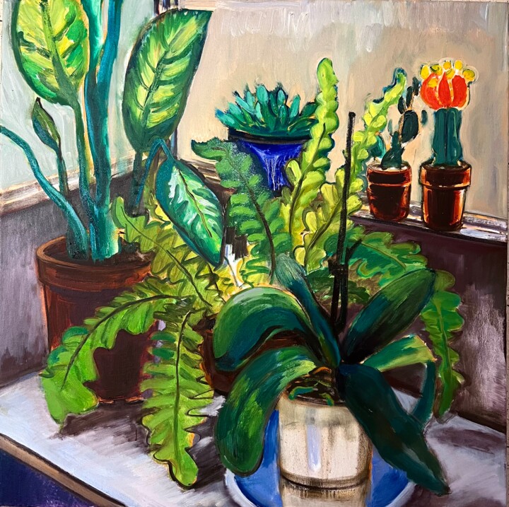 Peinture intitulée "Plants on balcony" par Katia Ansky, Œuvre d'art originale, Huile