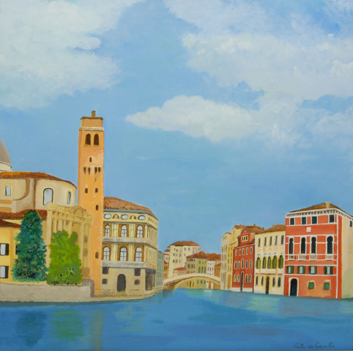 Painting titled "Palazzo Labia" by Katia De Carvalho, Original Artwork, Oil Mounted on Wood Stretcher frame