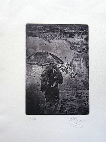 Gravures & estampes intitulée "Pluie" par Katia Dérévitsky, Œuvre d'art originale, Eau-forte