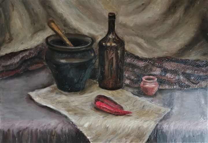 Painting titled "Still life of house…" by Xenia Pushkareva, Original Artwork, Oil