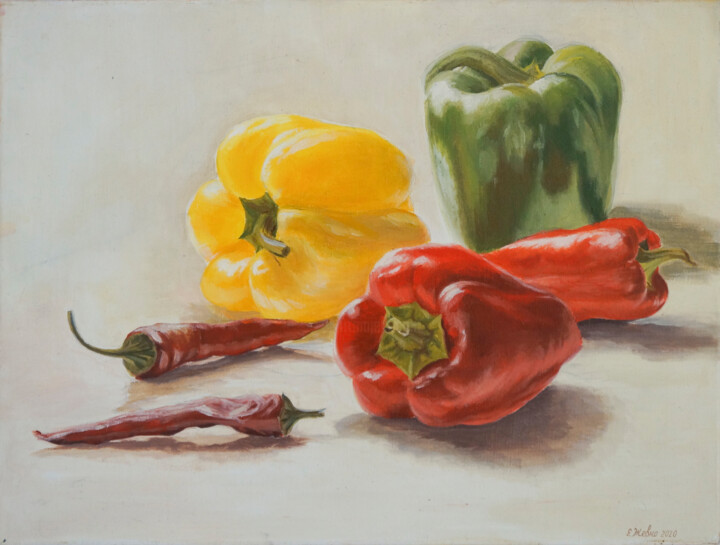 Painting titled "Hot and bell peppers" by Katia Zhevno, Original Artwork, Oil Mounted on Wood Stretcher frame