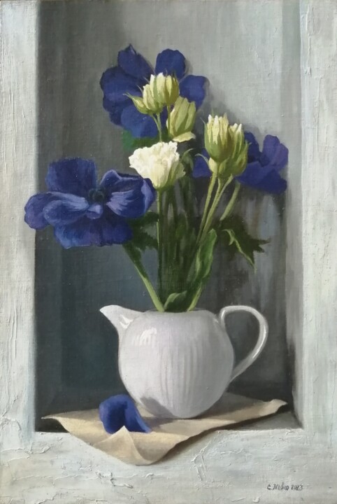 Painting titled "Purple anemones" by Katia Zhevno, Original Artwork, Oil Mounted on Wood Panel