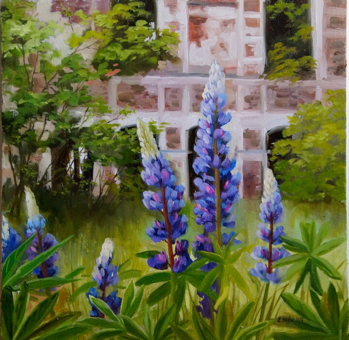 Painting titled "Lupine" by Katia Zhevno, Original Artwork, Oil Mounted on Wood Stretcher frame