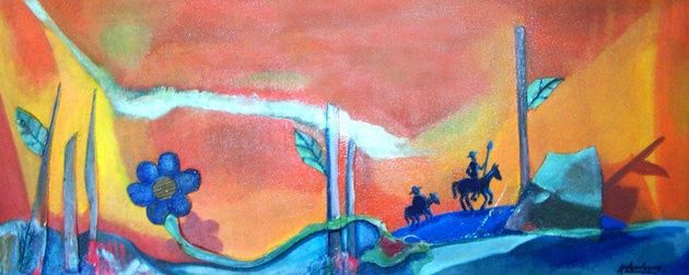 Painting titled "El Quijote visita e…" by Katia Landauro, Original Artwork, Oil