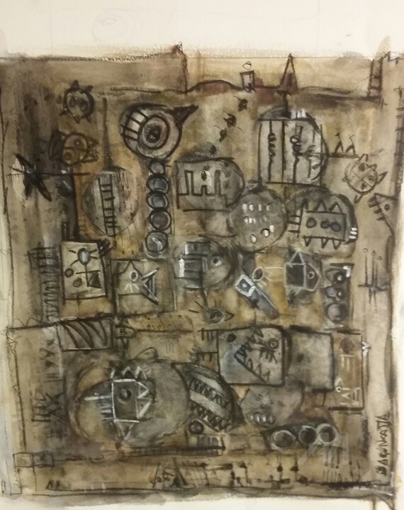 Peinture intitulée "Au milieu" par Katiabaron, Œuvre d'art originale,