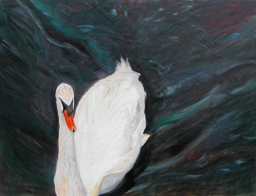 Painting titled "swan on the river" by Katie O'Looney, Original Artwork, Oil Mounted on Wood Stretcher frame