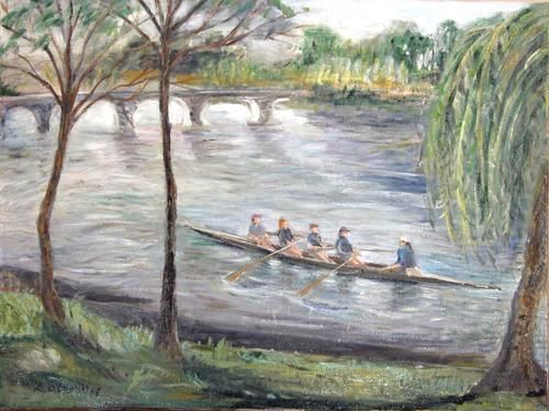 Ζωγραφική με τίτλο "Girls Rowing on the…" από Katie O'Looney, Αυθεντικά έργα τέχνης, Λάδι Τοποθετήθηκε στο Ξύλινο φορείο σκε…