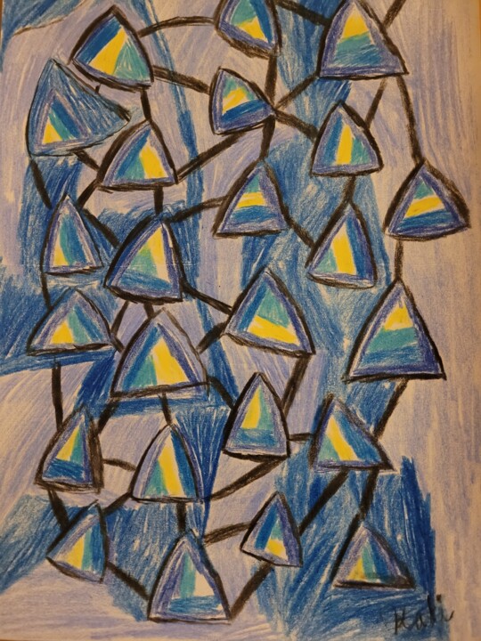 Картина под названием "Triangels Blue Yell…" - Katja Bock, Подлинное произведение искусства, Цветные карандаши