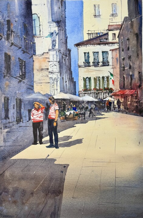 Painting titled "Gondoliers" by Katja Vollmer, Original Artwork, Watercolor