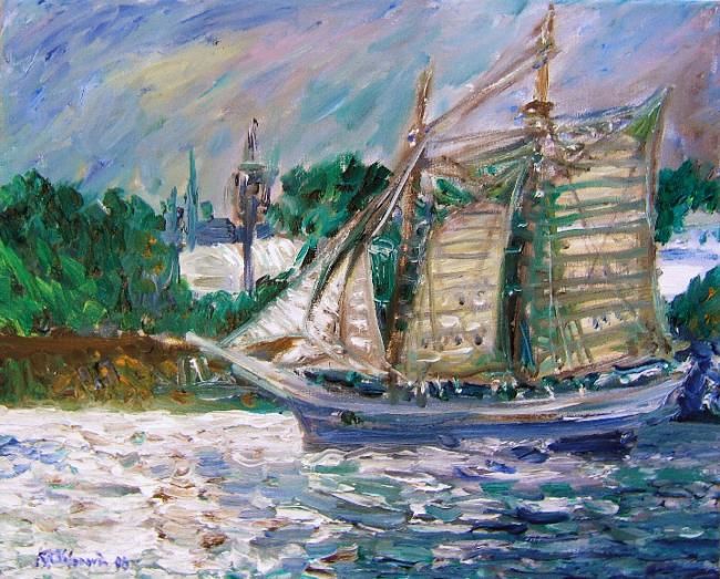 Malerei mit dem Titel "Sailboat on the Riv…" von Katerina Koehlerova, Original-Kunstwerk, Öl