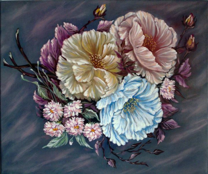 Painting titled "these-shy-tea-roses…" by Katreen Queen, Original Artwork, Oil