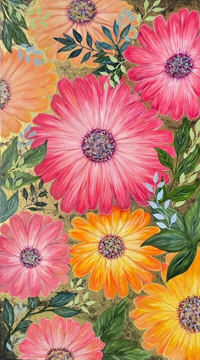 Painting titled "Daisies" by Katrika, Original Artwork, Oil Mounted on Other rigid panel